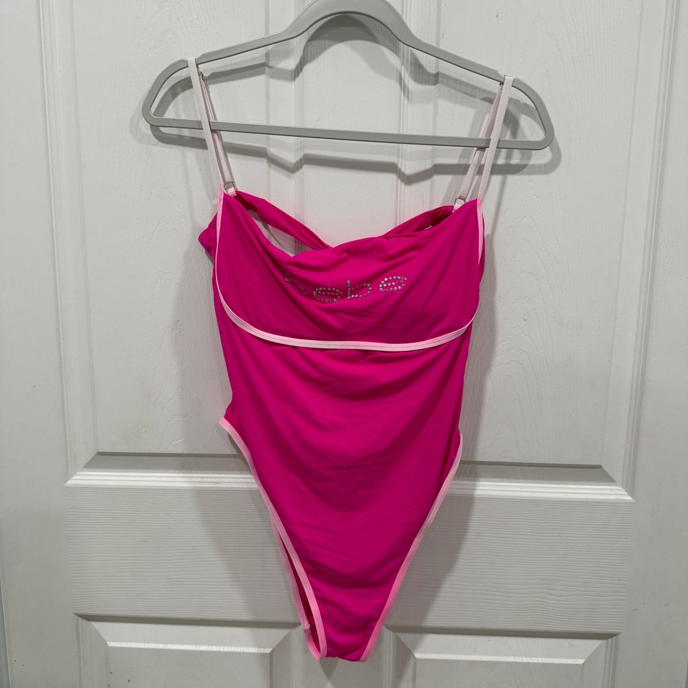 Bebe Hot Pink Rhinestone Logo One Piece Swimsuit High Cut Open Back Ribbed